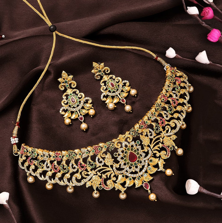 Estele Gold Plated CZ Magnificent Bridal Necklace Set with Colored Stones & Pearls for Women