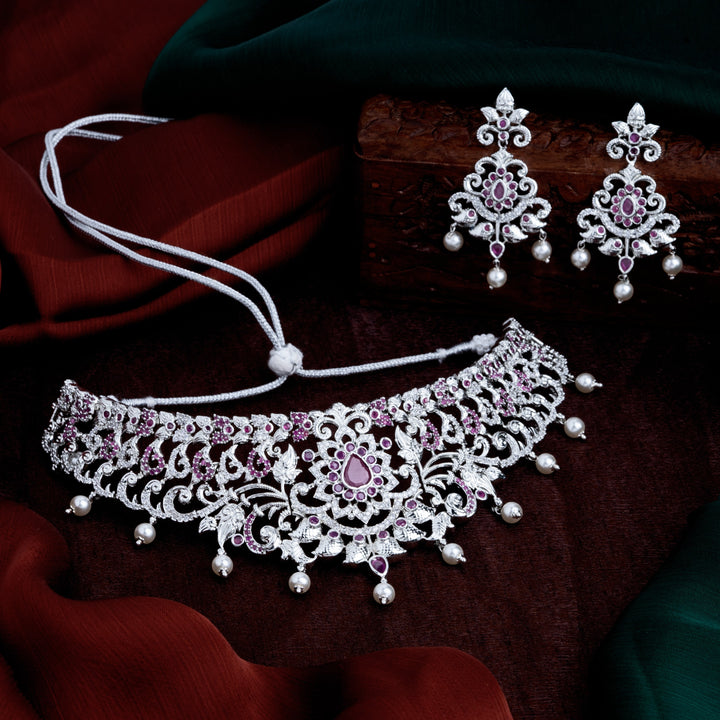 Estele Rhodium Plated CZ Magnificent Bridal Necklace Set with Red Stones & Pearls for Women