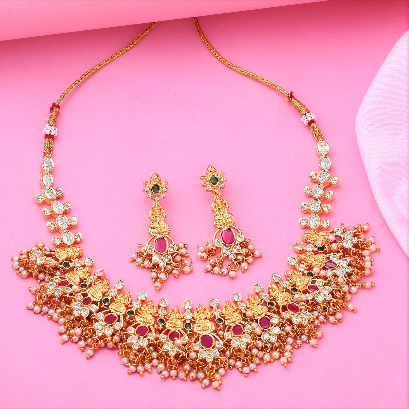 Estele Gold Plated CZ Bridal Necklace Set with Colored Crystals & Intricate Pearl Work for Women