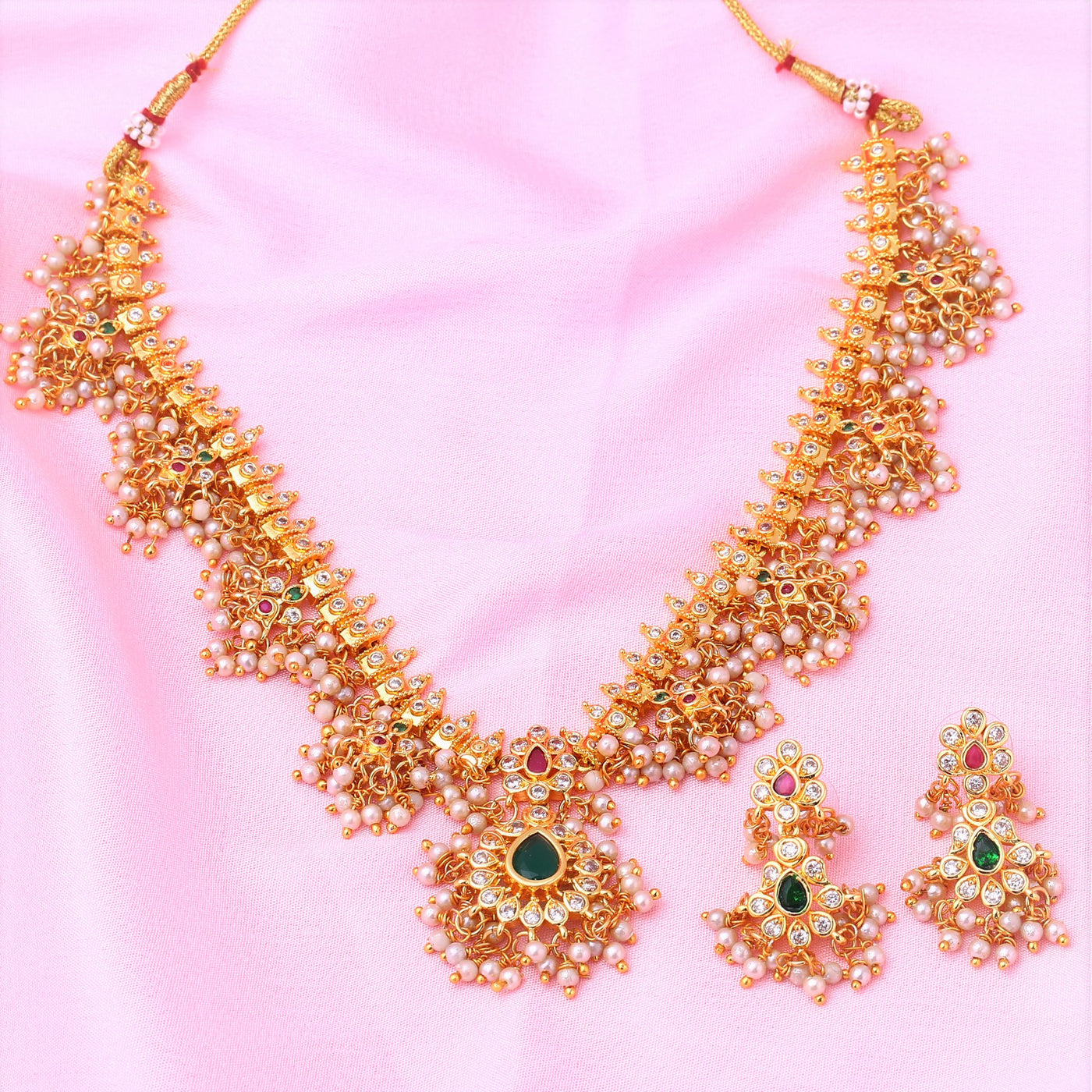 Estele Gold Plated CZ Machlipatnam Bridal Necklace Set with Pearls & Colored Crystals for Women
