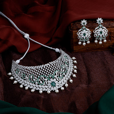 Estele Rhodium Plated Designer Traditional Bridal Choker Set with Pearls & Green Stones for Women