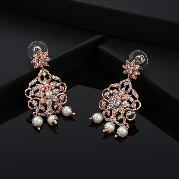 Estele Rose Gold Plated CZ Charming Drop Earrings with Pearl & White Crystals for Women