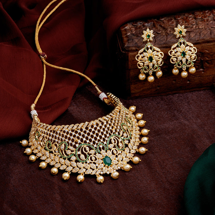 Estele Gold Plated CZ Grand & Gorgeous Bridal Choker Set with Pearls & Green Stones for Women