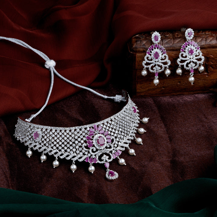 Estele Rhodium Plated CZ Traditional Bridal Choker Set with Pearls & Ruby Crystals for Women