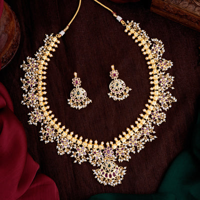 Estele Gold Plated MachliPatnam Long Necklace Set with Intricate Pearls work and Colored Stones for Women