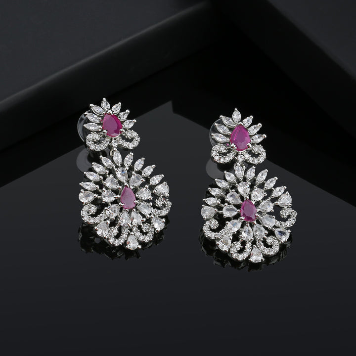 Estele Rhodium Plated CZ Radiance Flower Designer Earrings With Pink Crystals For Women