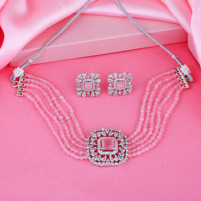 Estele Rhodium Plated CZ Square Shaped Mint Pink Choker Necklace Set For Women