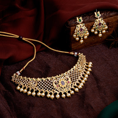 Estele Gold Plated CZ Sleek Designer Bridal Choker Set with Pearls & Colored Stones for Women