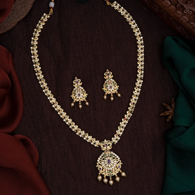 Estele Gold Plated CZ Designer Bridal Long Necklace set with Pearls & Colored Stones for Women
