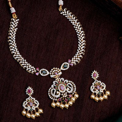 Estele Gold Plated CZ Mayuri Traditional Bridal Necklace Set with Pearls & Colored Stones for Women