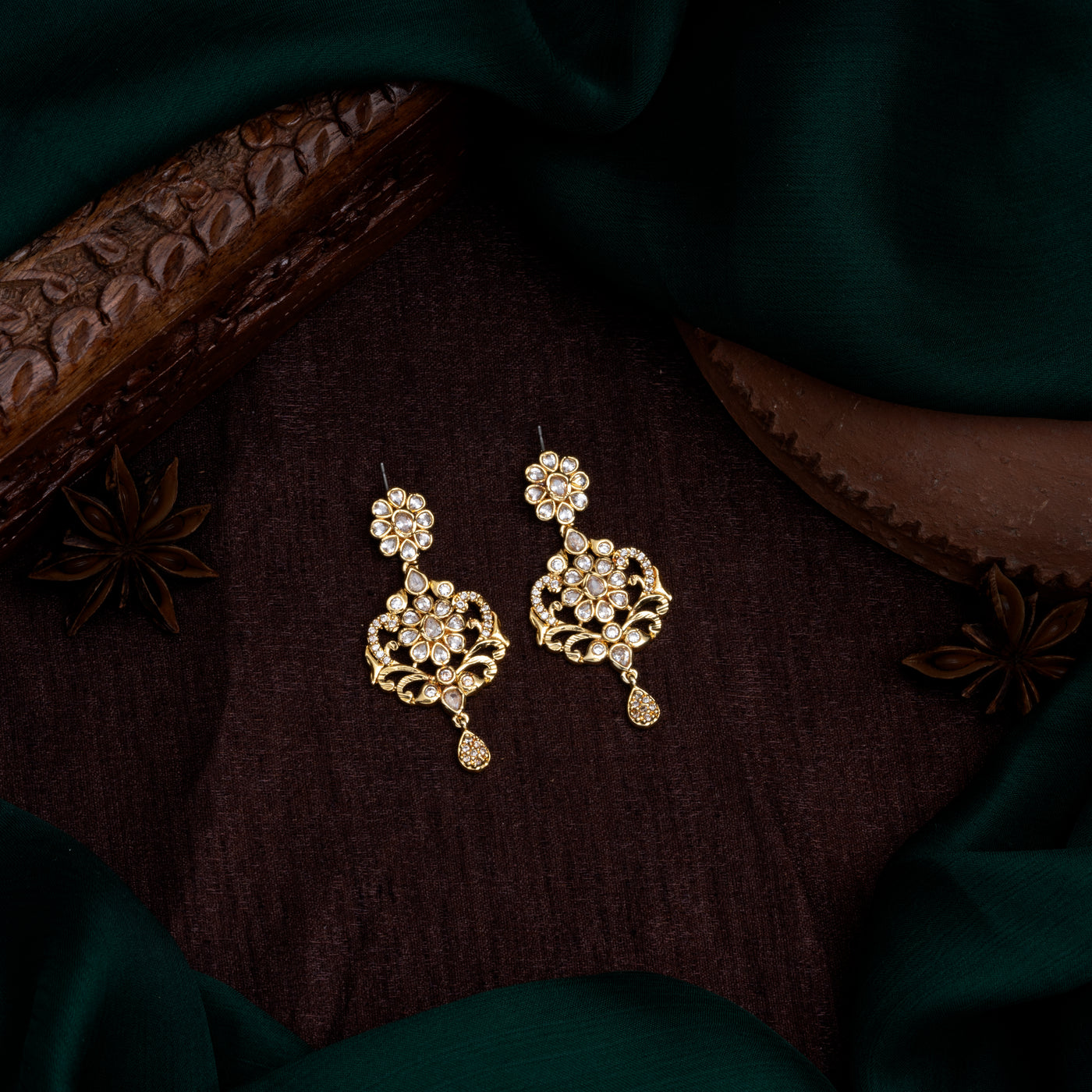 Estele Gold Plated CZ Flower Designer Earrings for Women