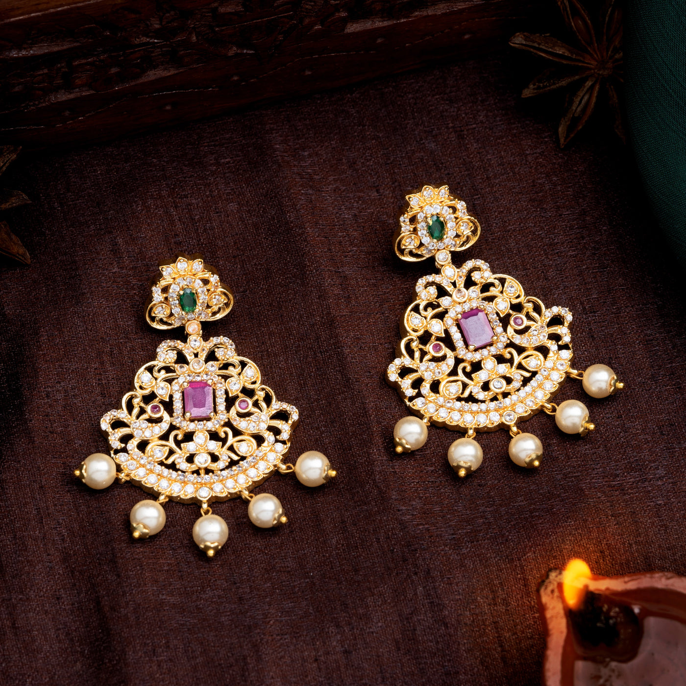 Estele Gold Plated CZ Beautiful Earrings with Pearls for Women