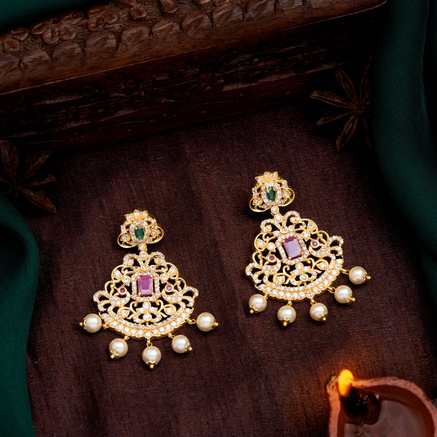 Estele Gold Plated CZ Beautiful Earrings with Pearls for Women