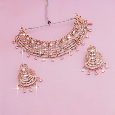 Estele Rose Gold Plated CZ Glamorous Necklace Set for Women