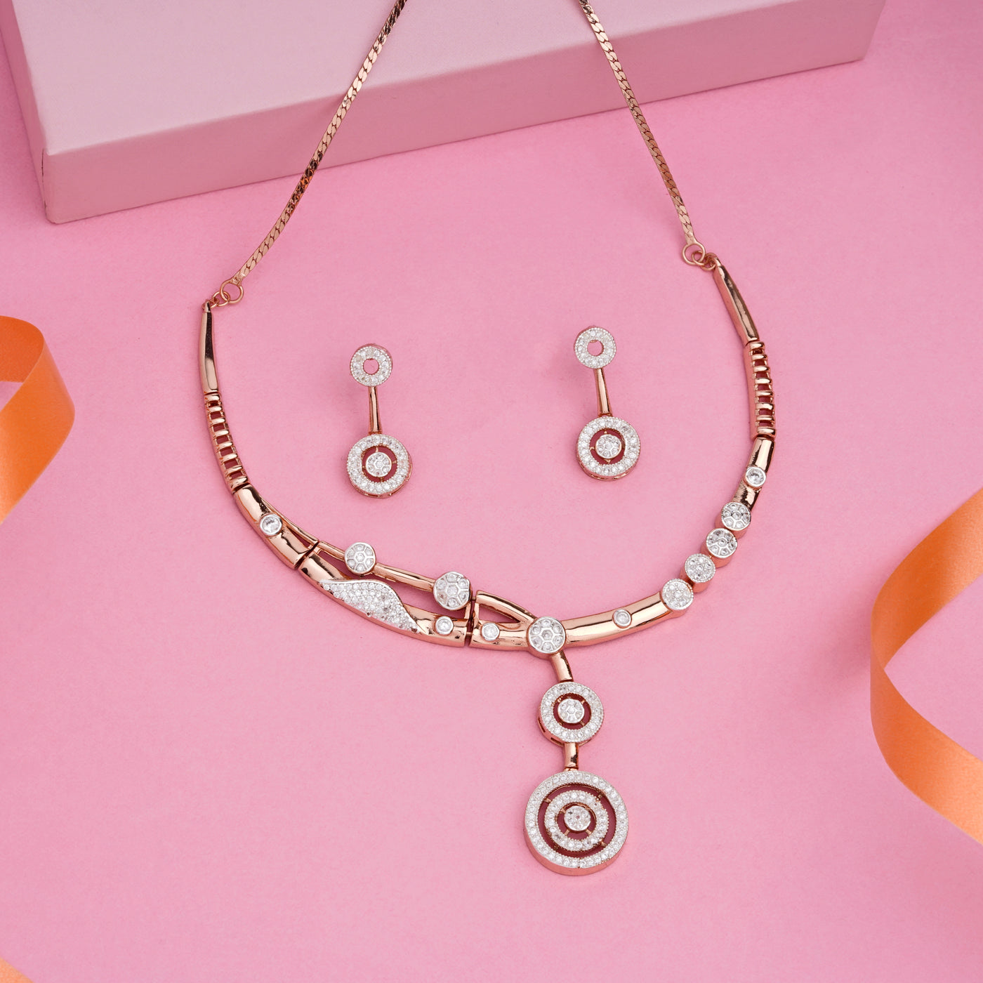 Estele Rose Gold Plated CZ Geometric Designer Necklace Set for Women