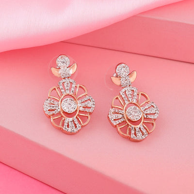 Estele Rose Gold Plated CZ Flower Designer Earrings for Women