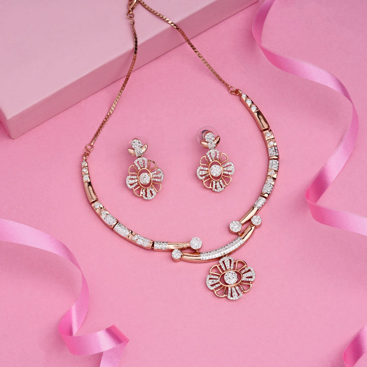 Estele Rose Gold Plated CZ Floral Designer Necklace Set for Women