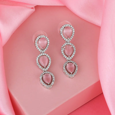 Estele Rhodium Plated CZ Precious Pears Earrings with Mint Pink Stones for Women