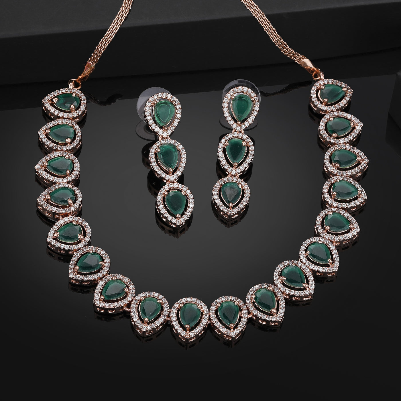 Estele Rose Gold Plated CZ Precious Pears Necklace Set with Green Crystals for Women