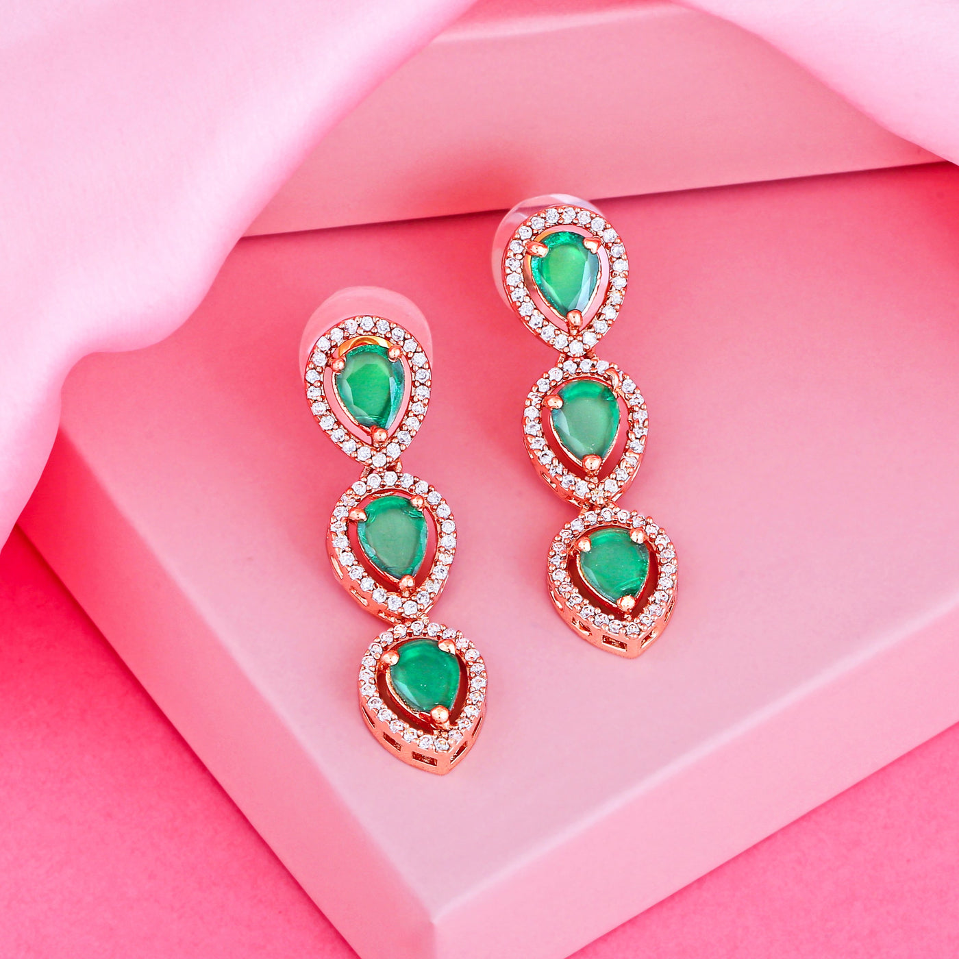 Estele Rose Gold Plated CZ Precious Pears Green/ Emerald Earrings for Women