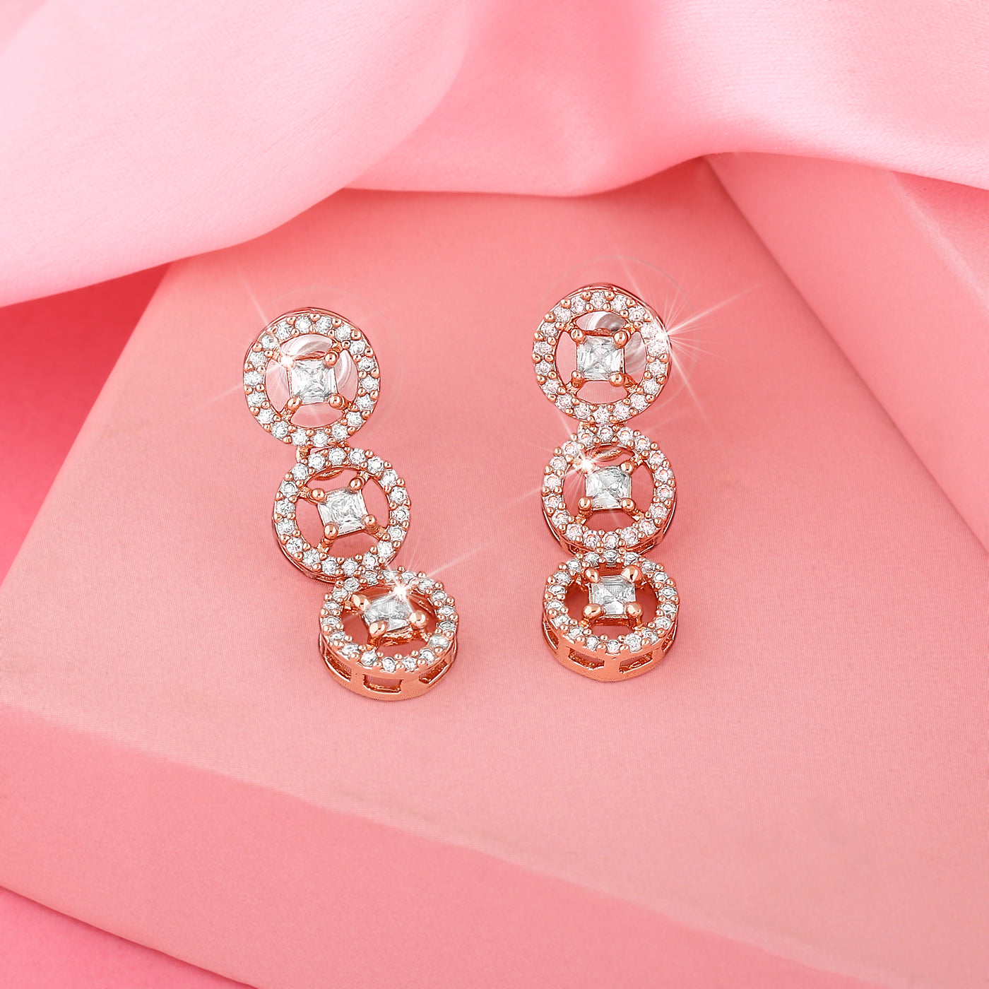 Estele Rose Gold Plated CZ Rotating Glitter Earrings for Women