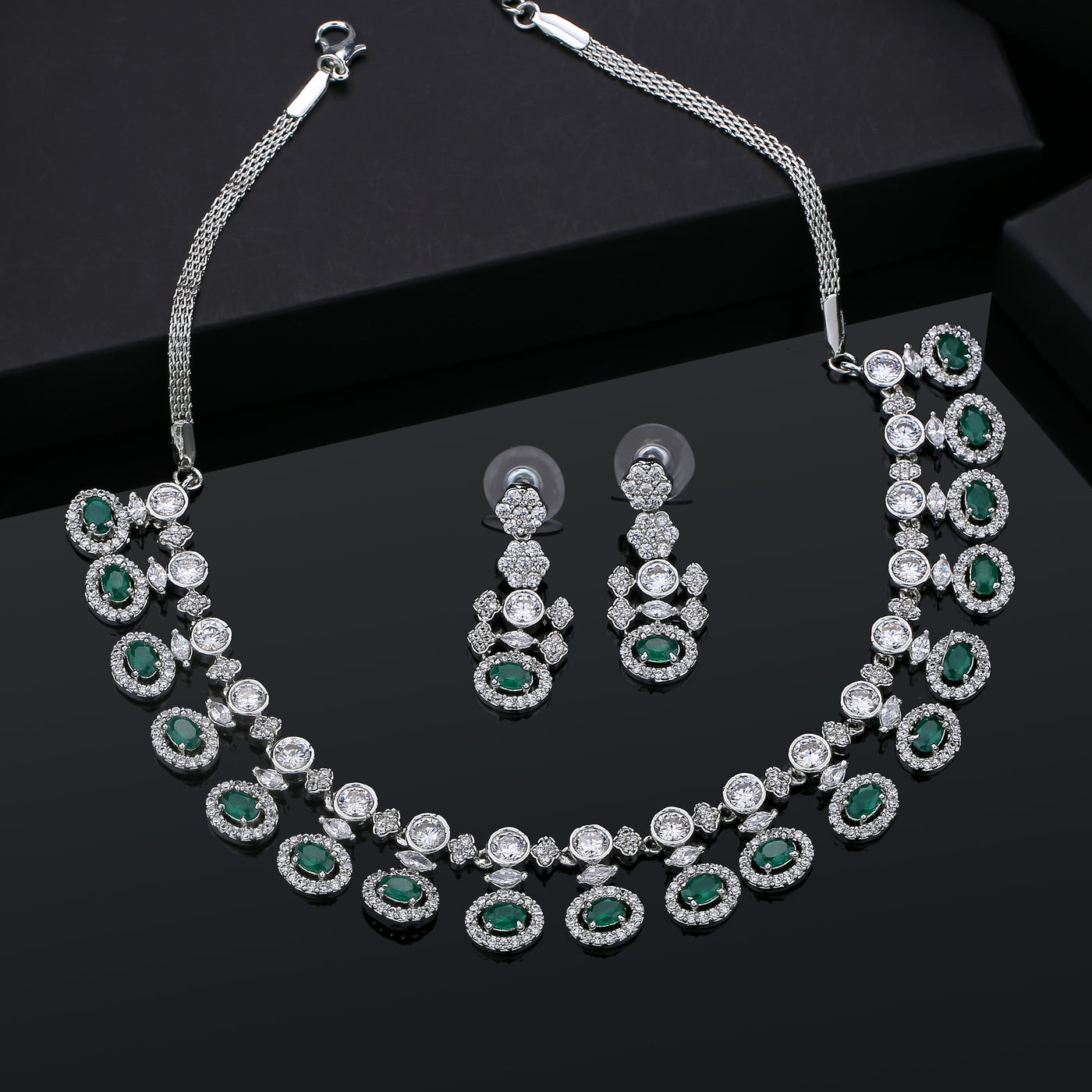 Estele Rhodium Plated CZ Glamour In Green Necklace Set for Women