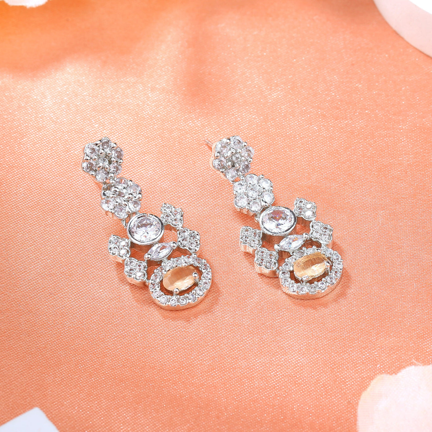 Estele Rhodium Plated CZ Flower Designer Earrings with Mint Orange Stones for Women