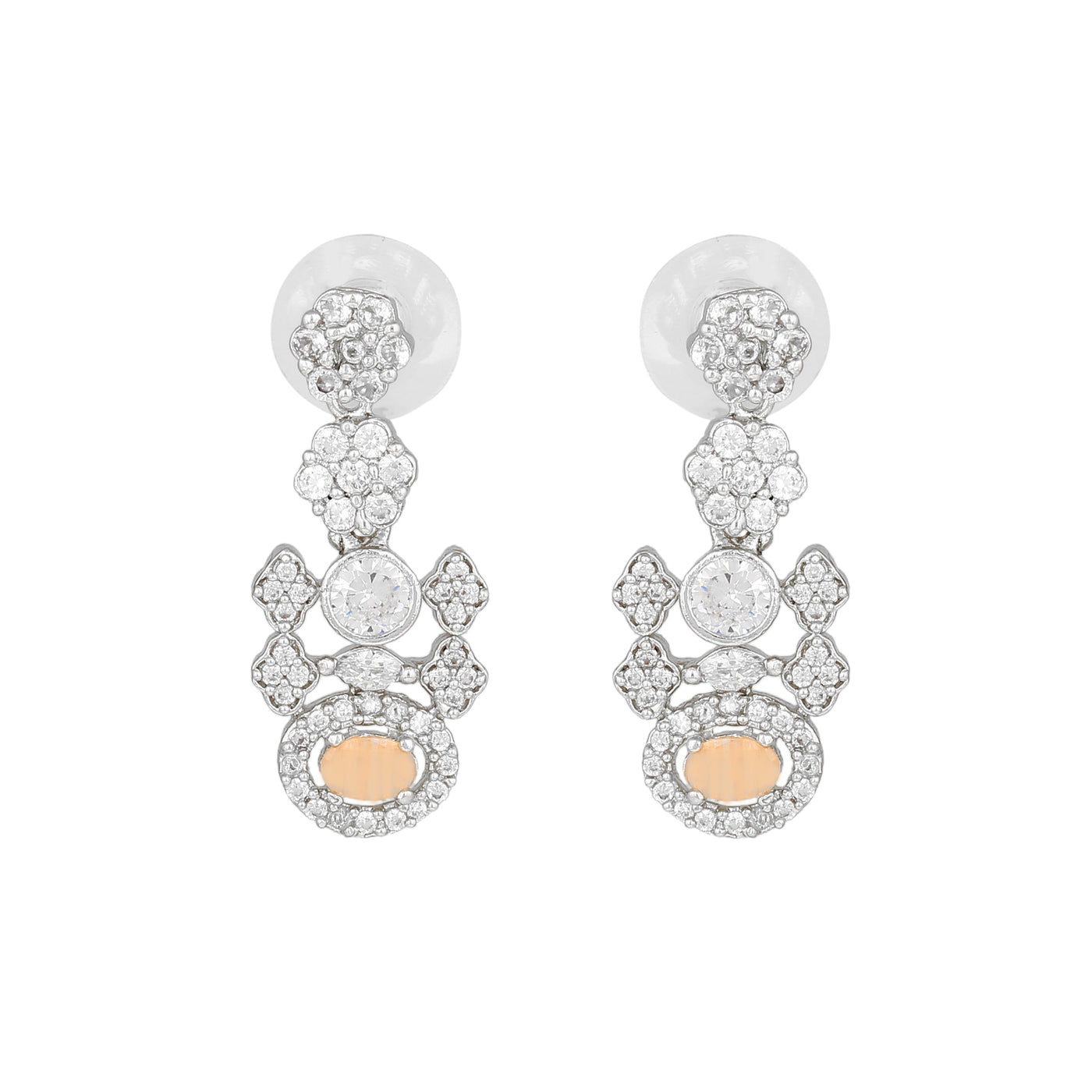 Estele Rhodium Plated CZ Flower Designer Earrings with Mint Orange Stones for Women