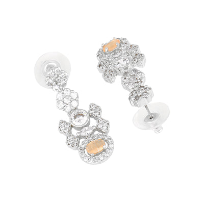 Estele Rhodium Plated CZ Flower Designer Earrings with Mint Orange Stones for Women