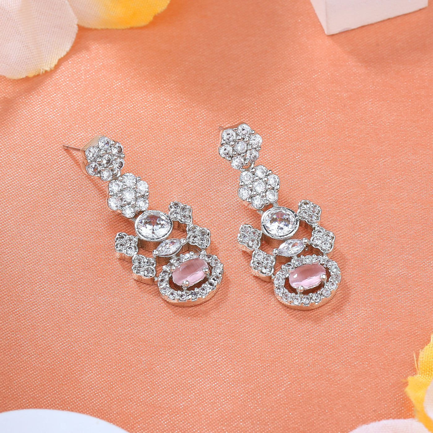 Estele Rhodium Plated Sparkling Drop Earrings with Mint Pink Stones for Women