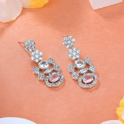 Estele Rhodium Plated Sparkling Drop Earrings with Mint Pink Stones for Women