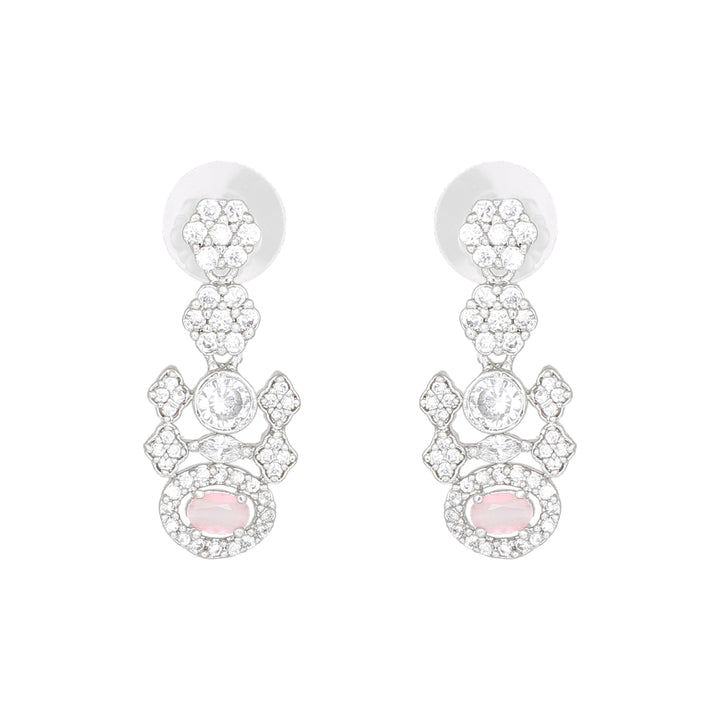 Estele Rhodium Plated Sparkling Drop Earrings with Mint Pink Stones for Women
