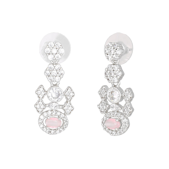 Estele Rhodium Plated Sparkling Drop Earrings with Mint Pink Stones for Women