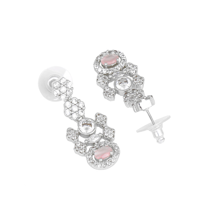 Estele Rhodium Plated Sparkling Drop Earrings with Mint Pink Stones for Women