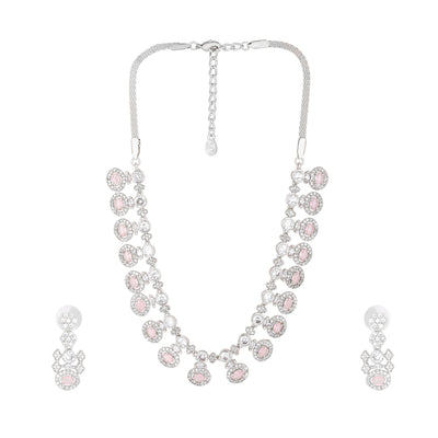 Estele Rhodium Plated CZ Shimmering Necklace Set with Mint Pink Crystals for Women