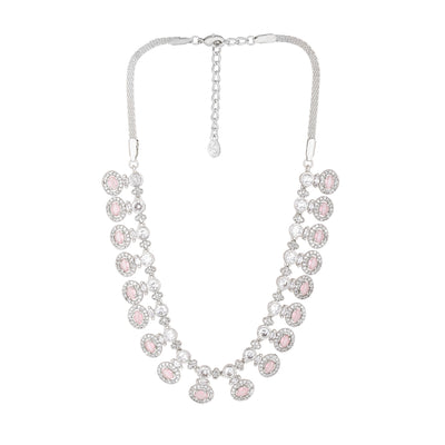 Estele Rhodium Plated CZ Shimmering Necklace Set with Mint Pink Crystals for Women