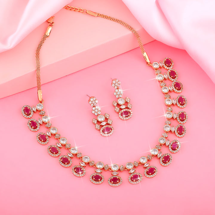 Estele Rose Gold Plated Plush with Ruby Stones dazzling Necklace Set for Women