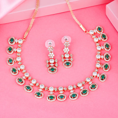 Estele Rose Gold Plated CZ Glamour In Green Necklace Set for Women