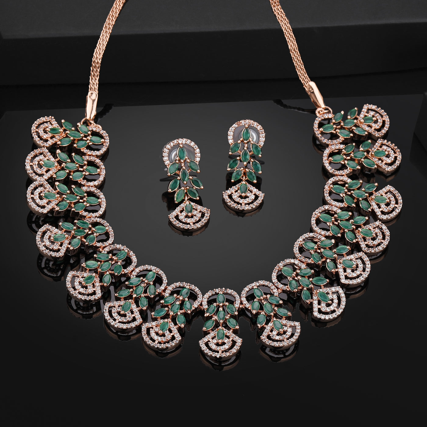 Estele Rose Gold Plated CZ Marquise Melody Necklace Set with Green Crystals for Women