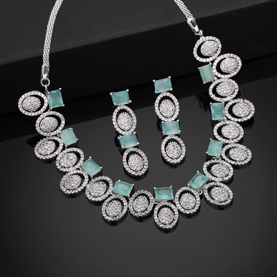 Estele Rhodium Plated CZ Circular Designer Necklace Set with Mint Green Crystals for Women