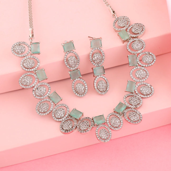 Estele Rhodium Plated CZ Circular Designer Necklace Set with Mint Green Crystals for Women