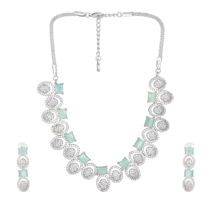Estele Rhodium Plated CZ Circular Designer Necklace Set with Mint Green Crystals for Women