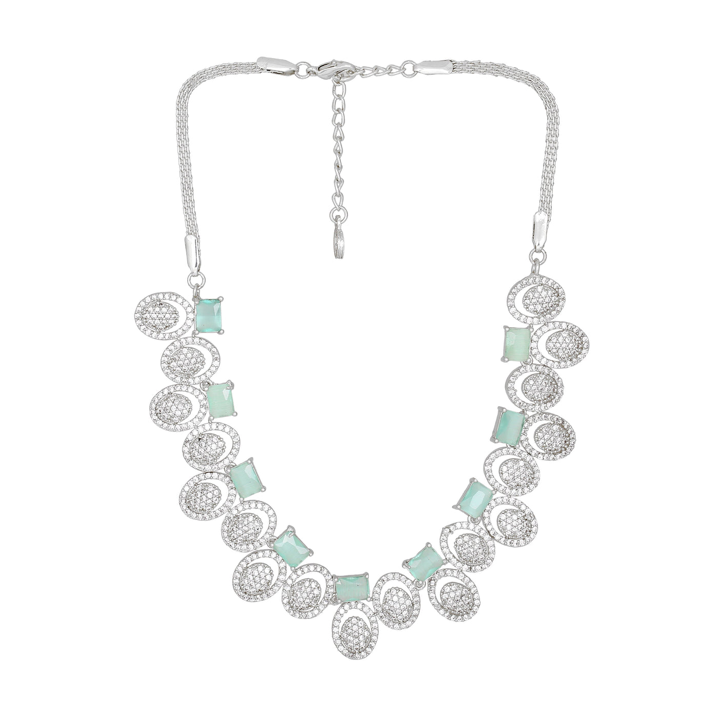 Estele Rhodium Plated CZ Circular Designer Necklace Set with Mint Green Crystals for Women