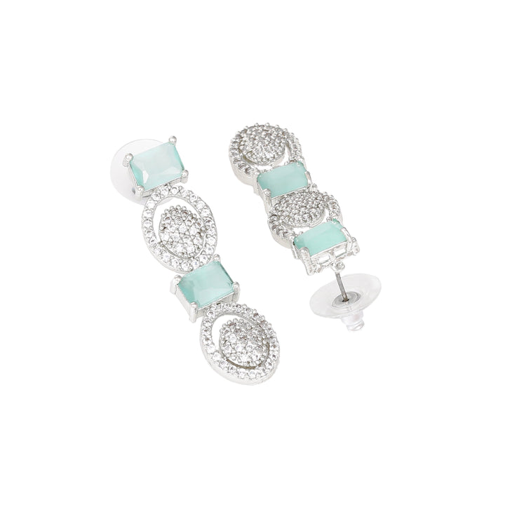 Estele Rhodium Plated CZ Circular Designer Necklace Set with Mint Green Crystals for Women