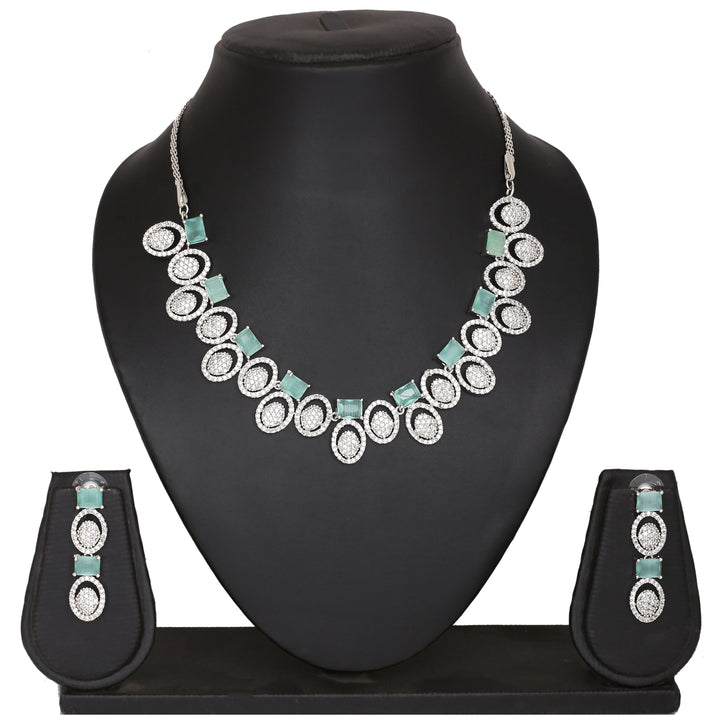 Estele Rhodium Plated CZ Circular Designer Necklace Set with Mint Green Crystals for Women