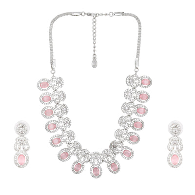 Estele Rhodium Plated CZ Beautiful Necklace Set with Mint Pink Crystals for Women