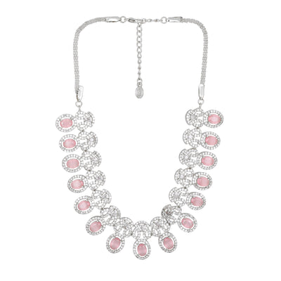 Estele Rhodium Plated CZ Beautiful Necklace Set with Mint Pink Crystals for Women