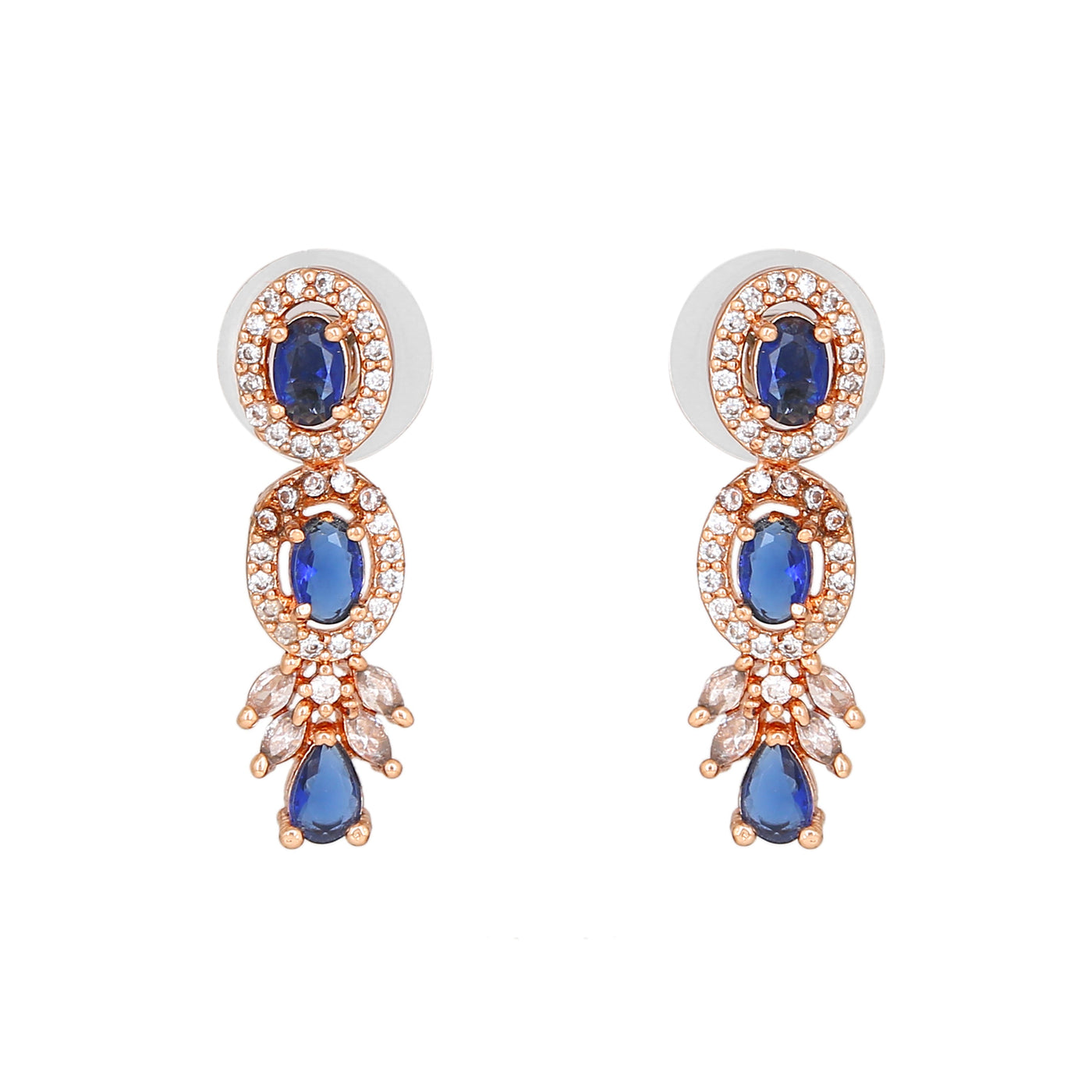Estele Rose Gold Plated CZ Shimmering Drop Earrings with Blue Stones for Women