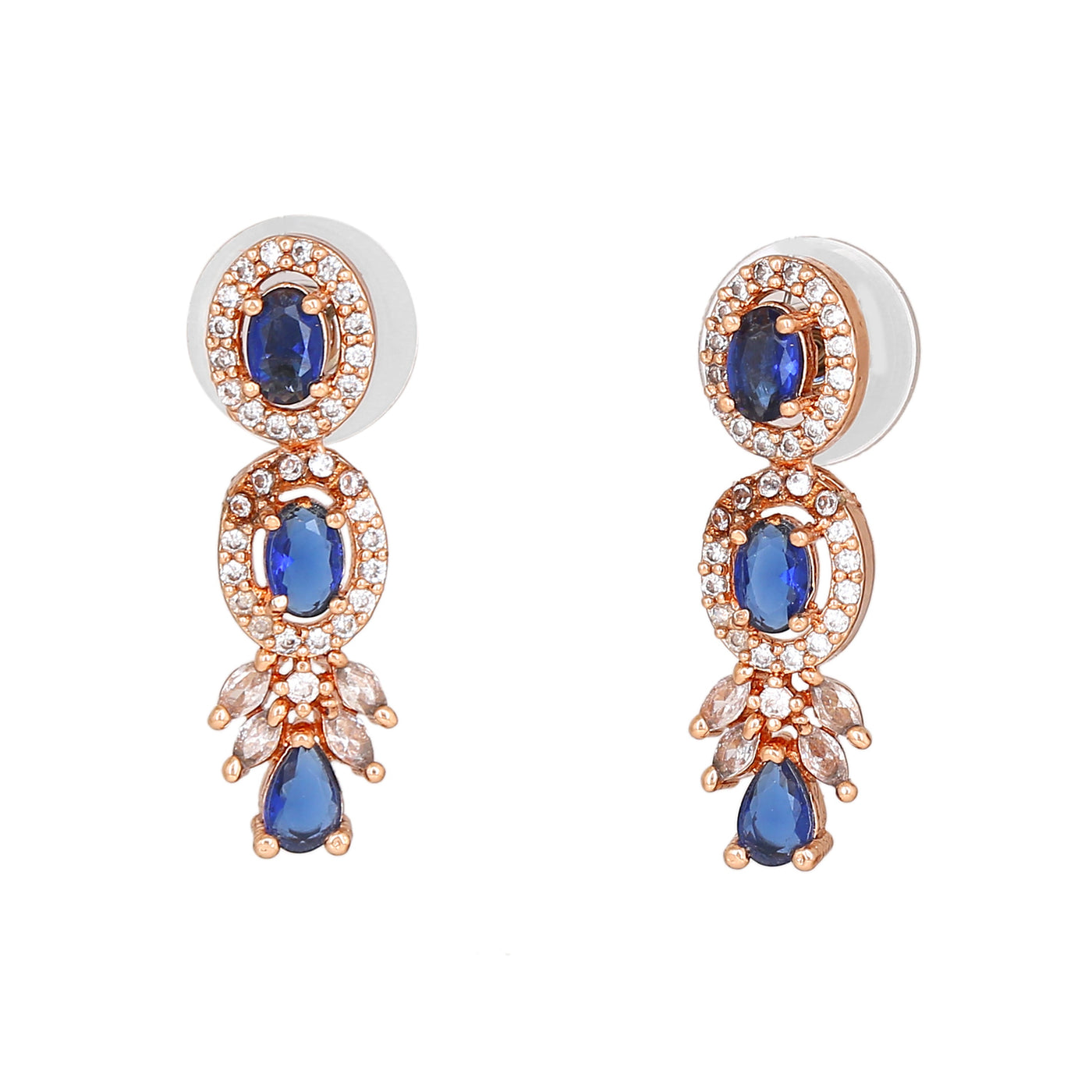 Estele Rose Gold Plated CZ Shimmering Drop Earrings with Blue Stones for Women