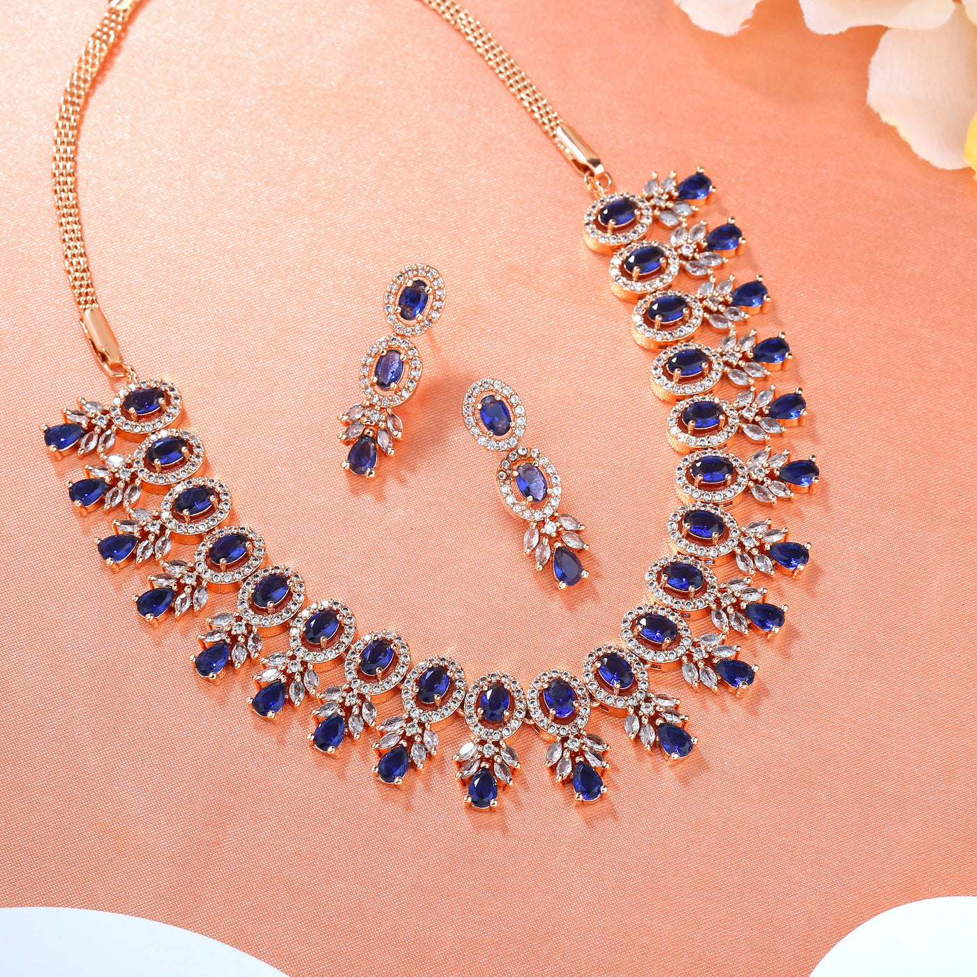 Estele Rose Gold Plated CZ Exquisite Necklace Set with Blue Crystals for Women